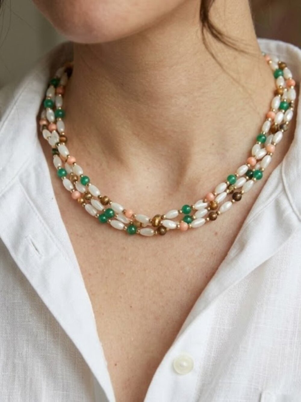 Vintage Strand Braided Green Lapis Bead MOP Rice Shell Choker 16.5 " Necklace